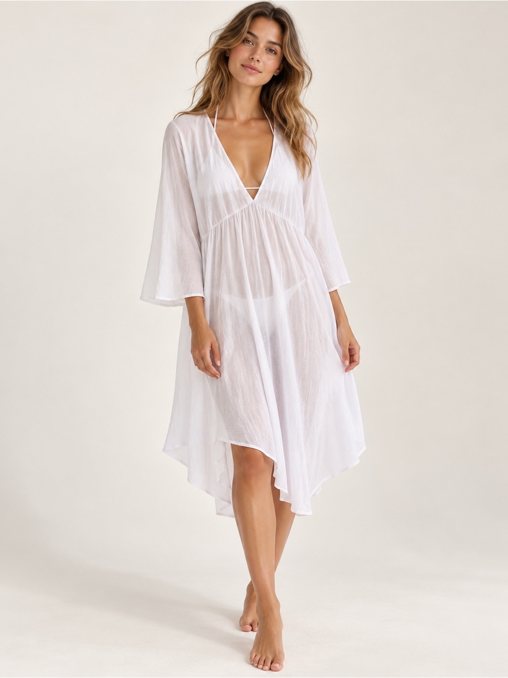 ROMAN White Cotton V-Neck Beach Cover-Up Dress Size S